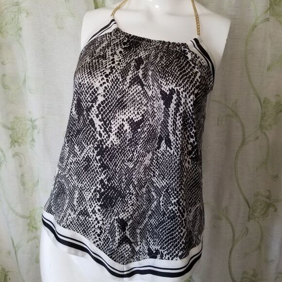 EXPRESS womens XS black & white snakeskin print chain halter open back blouse - Picture 1 of 5